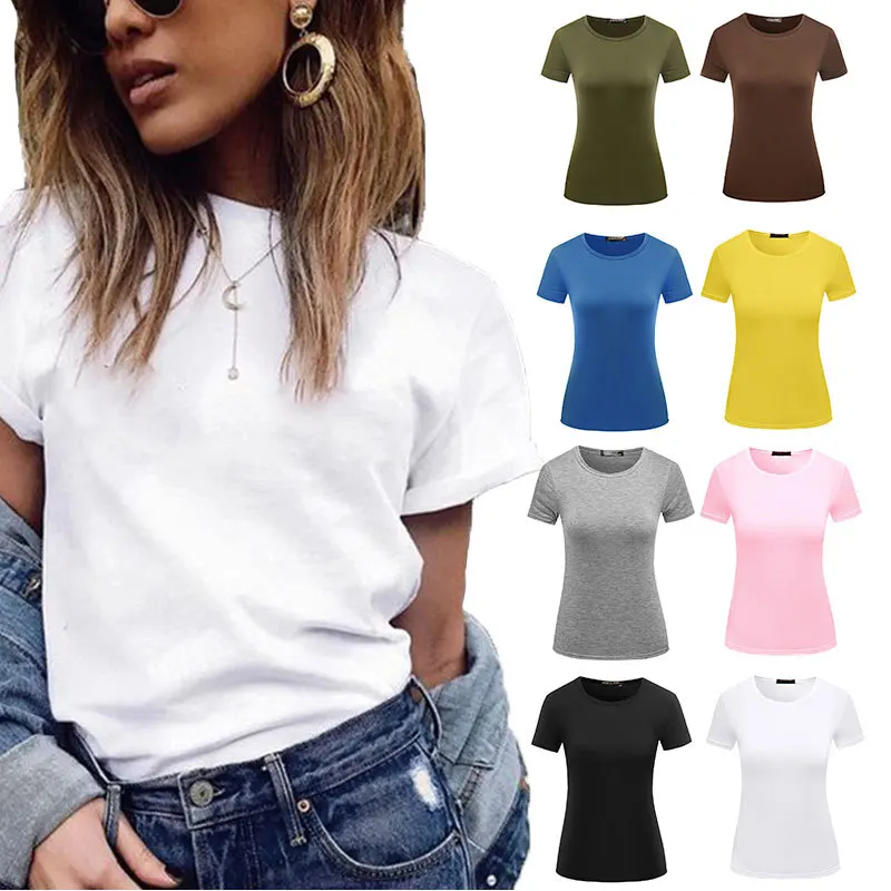 

9 Colors Woman Basic Summer T-shirts Short Sleeve Crew Neck Womens Casual Tops Solid Slim Fashion Female Clothing Tees
