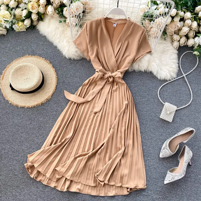 Женское плиссированное платье трапеция LUOSHA летнее средней длины с v образным