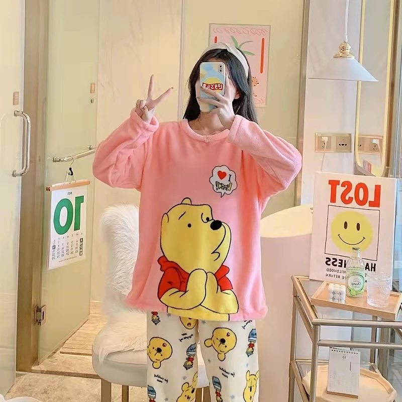 Girls Cute Pajamas 2 Pieces Anime Homesuits Kawaii Pyjama Coral Velvet Winter Clothes for Women Full Length Kawaii Japan Pyjama