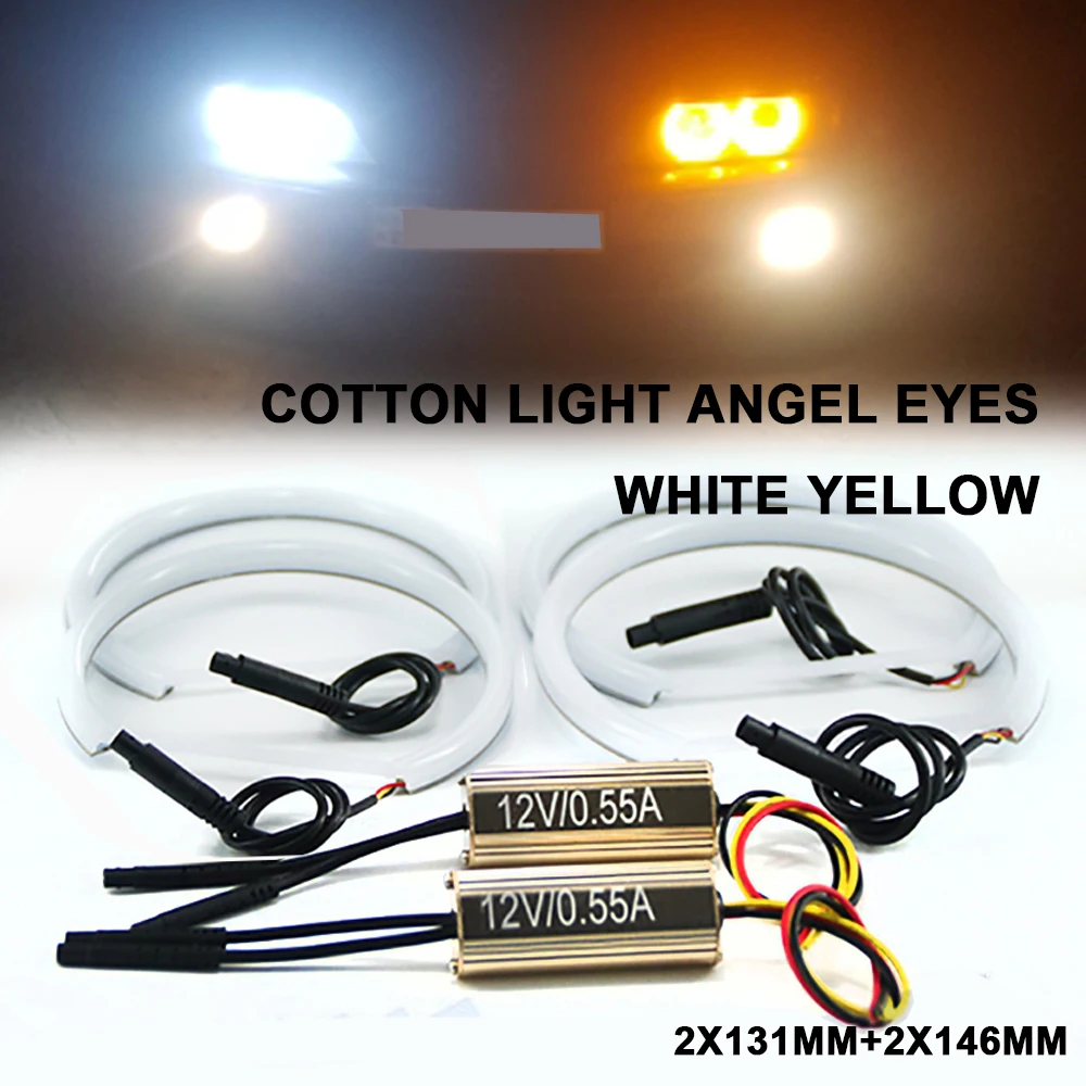 

2x(131mm+146mm) White Yellow Angel Eyes Cotton Light Headlights Kit For BMW E90 E91 E46 Non-Projector LED SMD Halo Ring DRL