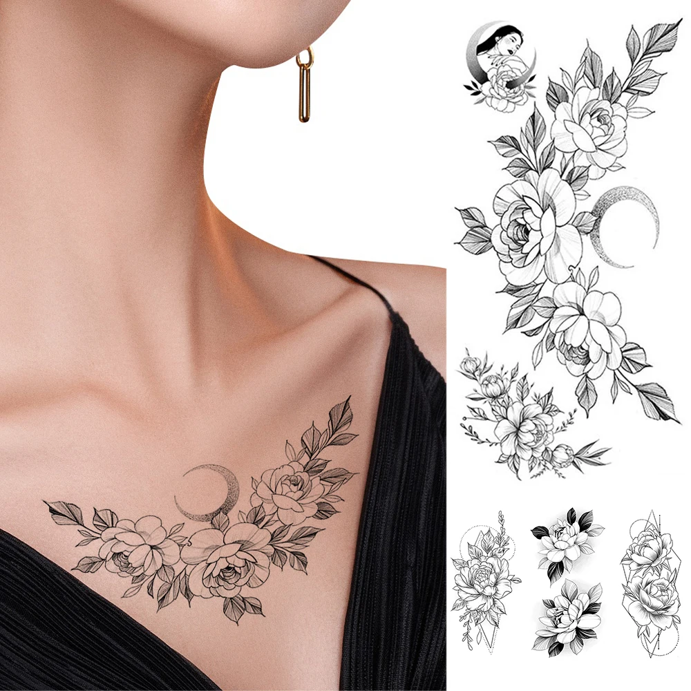 Geometry Rose Flower Temporary Tattoos For Women Girls Black Butterfly Tattoo Sticker Fake Peony Geometric Body Art Tattos