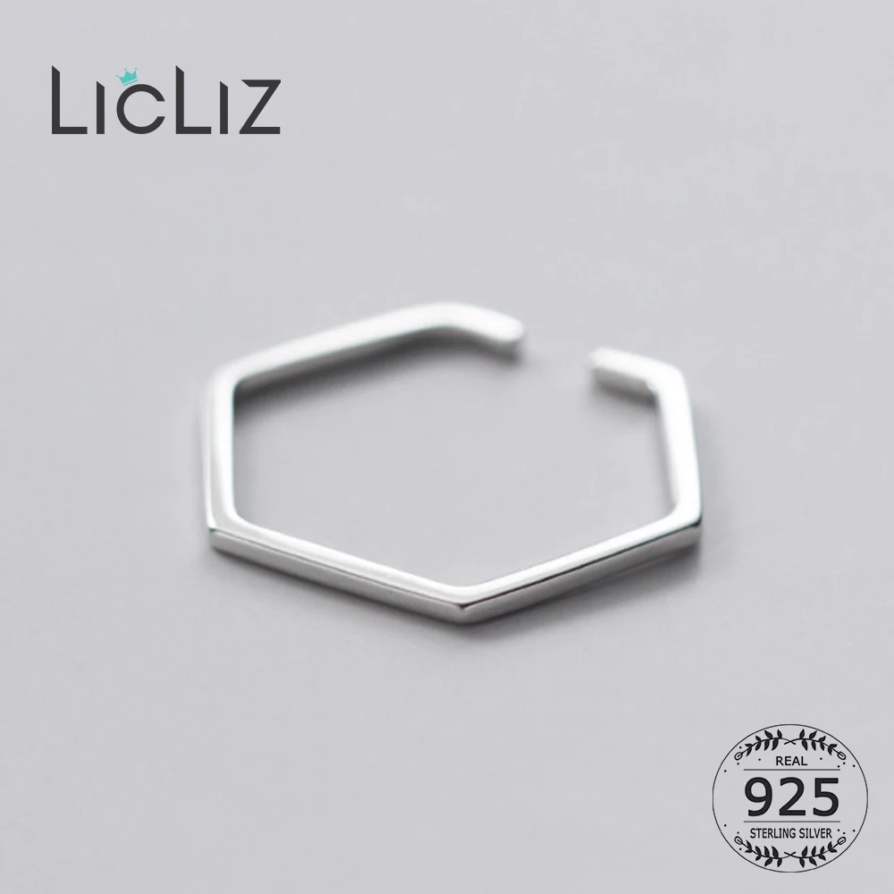 

LicLiz New Simple Geometric 925 Sterling Silver Hexagon Open Rings for Women Adjustable Silver Fine Polished Jewelry Gift LR0830