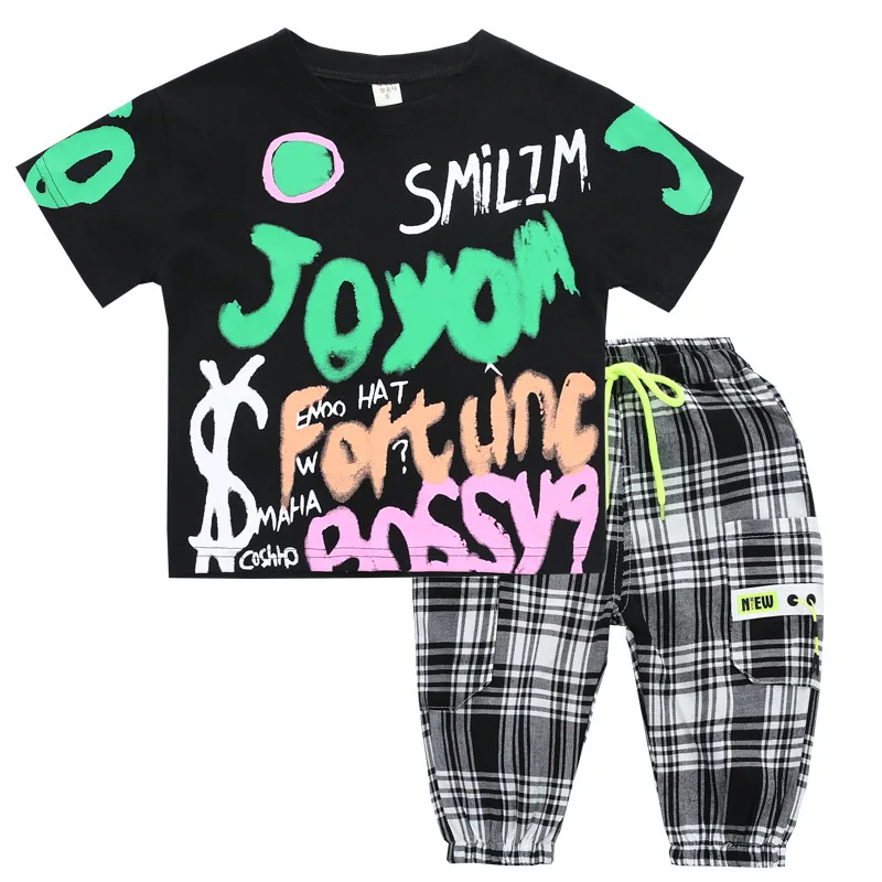 

Children's Clothing Boys Short-sleeved Suit Kids Summer White Color Letter Printed T-shirt + Plaid Cropped Pants BT125