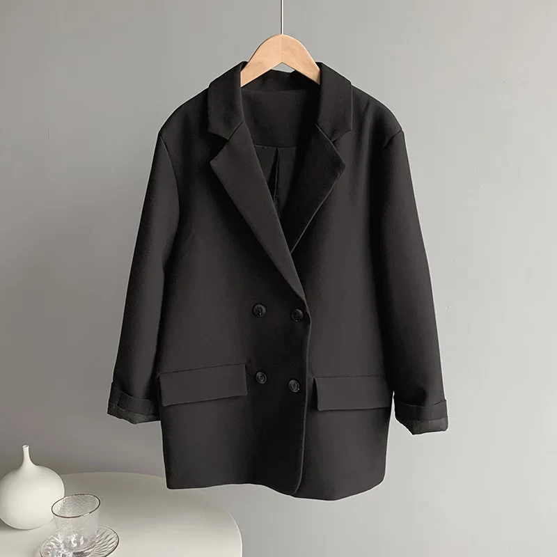 

Female Korean Style Casual Black Blazer Office Coat Khaki Long Blazer Women 2020 Autumn Loose Solid Color Coat