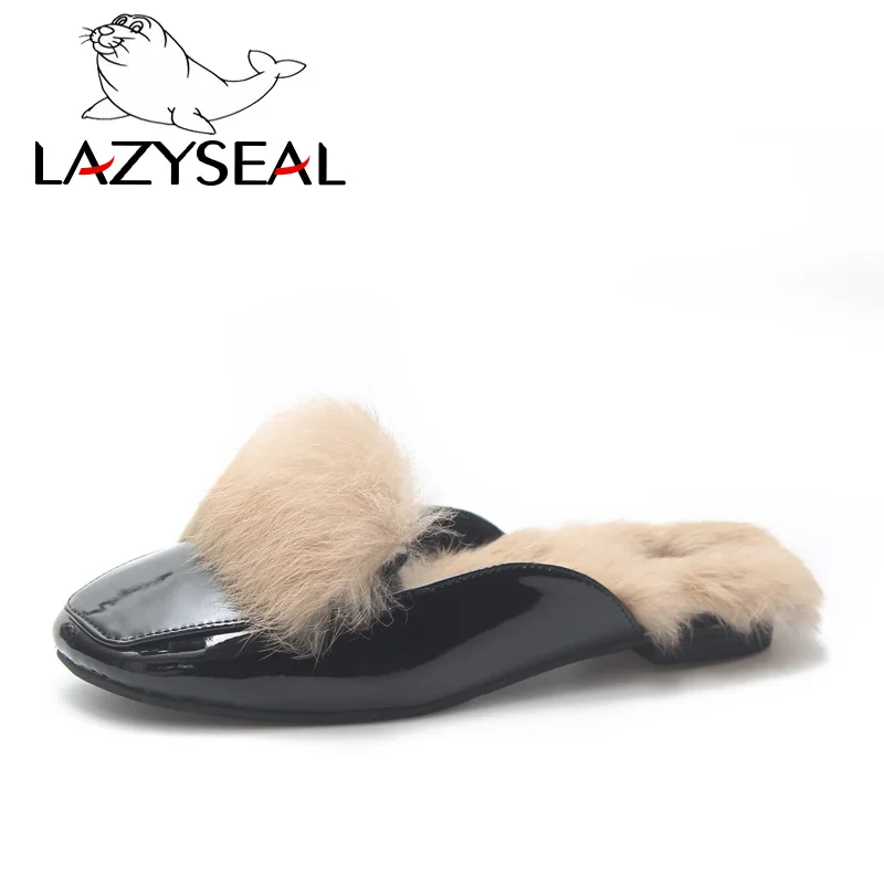 LazySeal женские шлепанцы на натуральном меху тапочки с квадратным носом пушистые