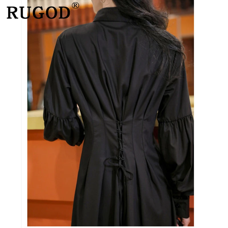 

RUGOD Vintage slim women dress Elegant turn down collar office ladies party dress Fashion lantern sleeve knee-length dresses