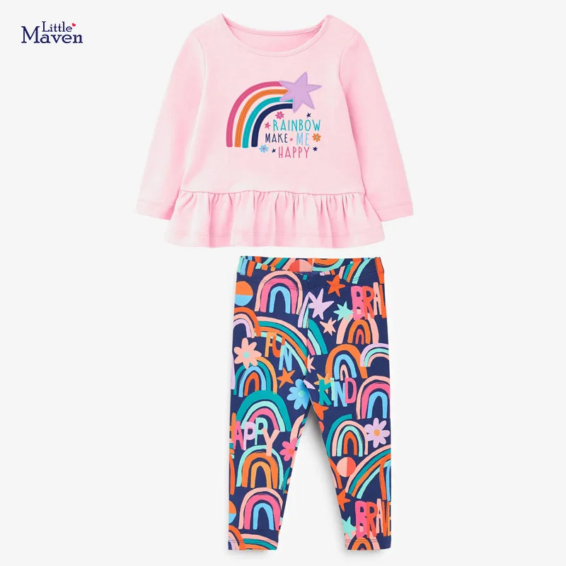 

Повседневный осенний комплект одежды для маленьких девочек Little maven, красочная Радужная розовая футболка и красивые брюки для детей от 2 до 7