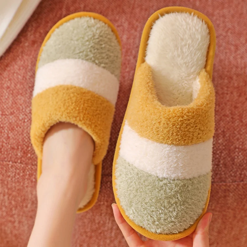 Striped Shoes Slipper Womens Men Home Fluffy House Winter Warm Slippers Soft Shoes Indoors Bedroom Soft Fur Slippers Big Size