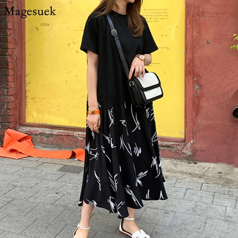 

Plus Size XL-5XL Causal T-Shirt Dress Patchwork Print 2021 Autumn Ladies Long Sleeve Robe Fake Two Piece Dress Women 13346