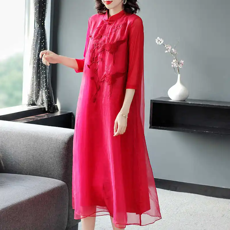 

LANMREM Embroidered Dress Summer Autumn 2021 New Vintage Mesh Double Layer Red Dresses Female Elegant Party Clothing 2D5035