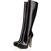 ladies black pu boots with slender high heels with platform and zipper female knee high boots