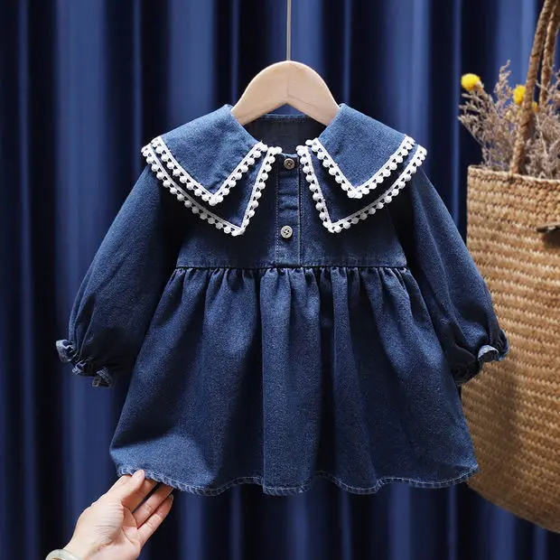 

2021 New Girls’Spring and Autumn Denim Skirt Korean Version Exotic Baby Chic Spring Dress Children’s Long-sleeved Dress