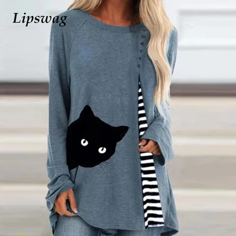 

Women Long Sleeve Loose Long Shirt Casual O Neck Print Patchwork Striped Tops Pullover Autumn Cat Striped Shirt Streetwear Mujer