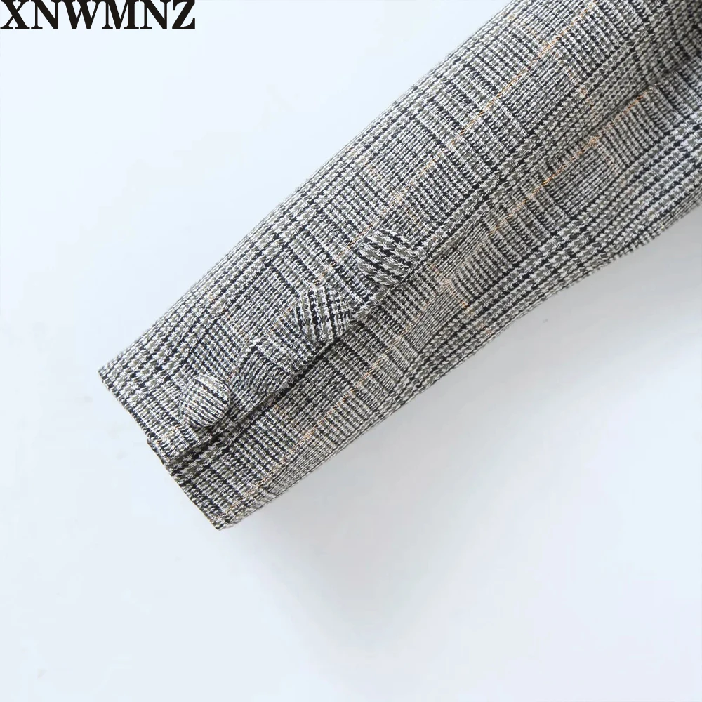 

XNWMNZ Za women Fashion plaid double-breasted crop blazer Vintage long sleeve O-neck Shoulder Pads crop coat Female Outerwear
