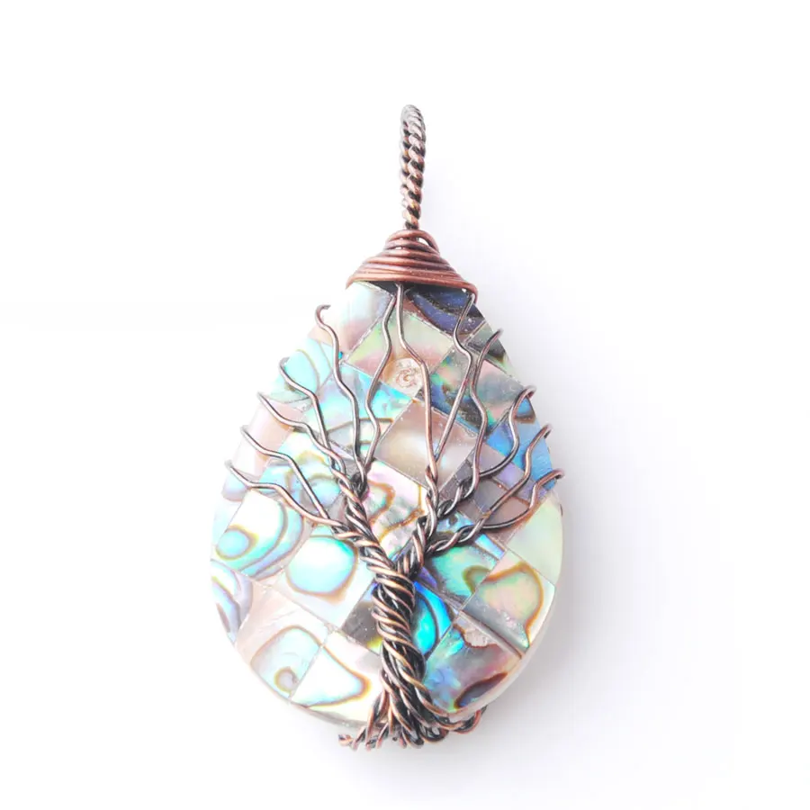 

WOJIAER Tree of Life Copper Color Wire Wrap Water Drop Bead Necklace & Pendant Natural Abalone Shell Jewelry W9311