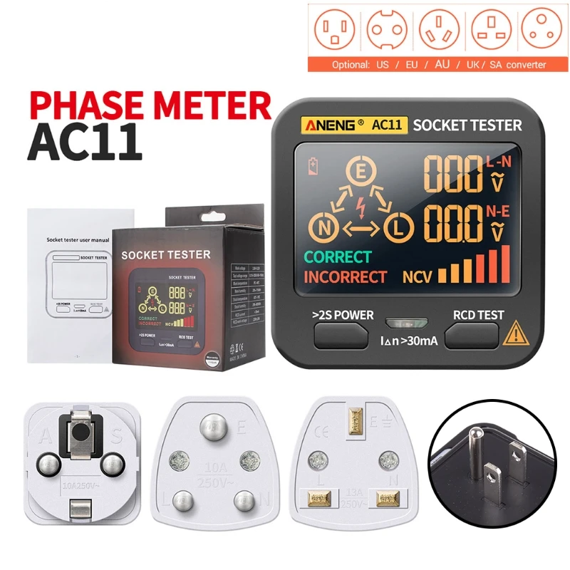Socket Tester Pro Voltage Test Detector US UK SA AU EU Plug Ground Zero Line Polarity Phase Check AC11 | Инструменты
