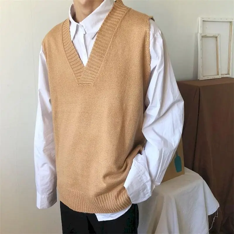 

Sweater Vest Men Oversized Spring Autumn Oversize Mens Vests Solid Simple All-match V-neck Couples Retro Khaki Soft Ulzzang Vest