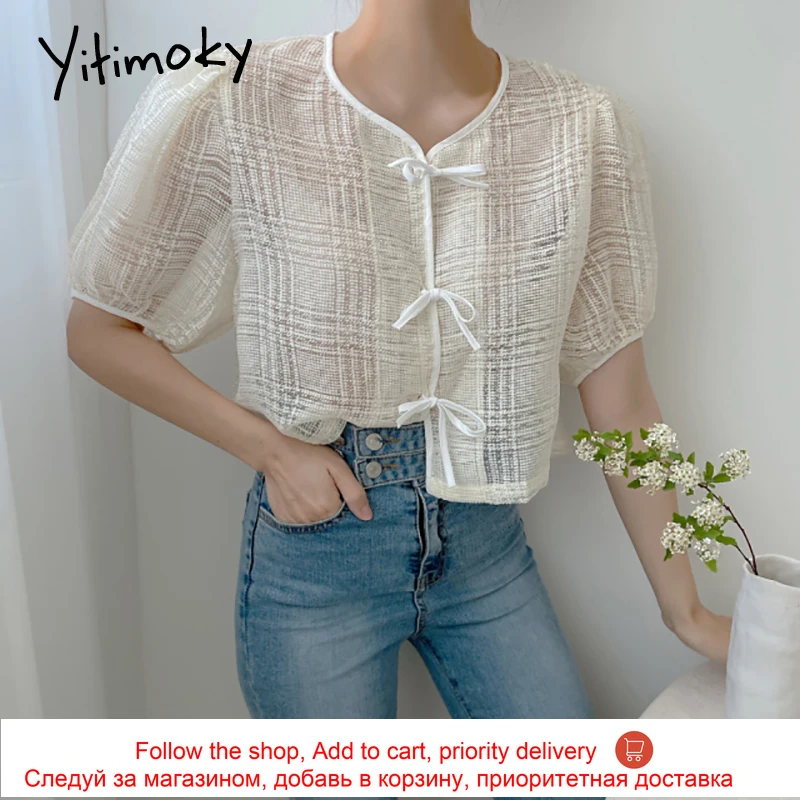 

Yitimoky Vintage Women Shirts Lace Up Bow O-Neck 2021 Summer Fashion Korean Puff Sleeve Gingham Square Casual Gauze Shirt Tops