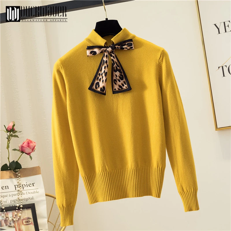Duckwaver Autumn Winter Women's Sweater Leopard Bow Tie Scarf Slim Long-Sleeved Women Knitted Turtleneck | Женская одежда