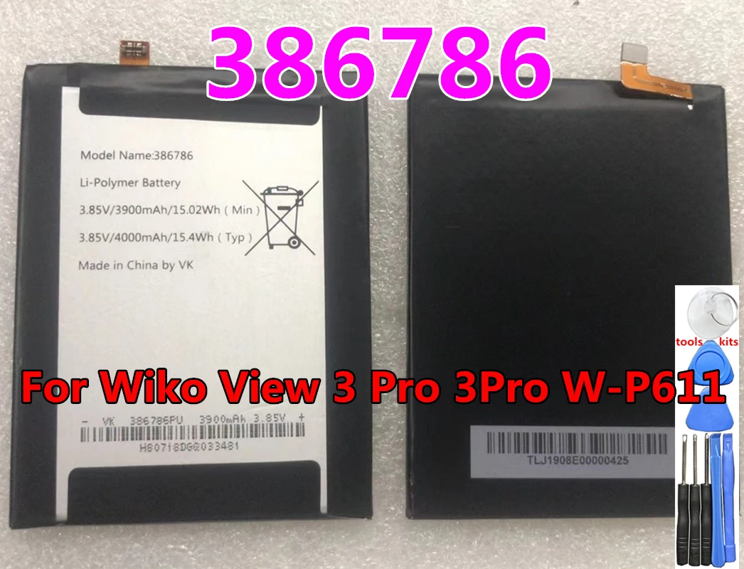 

Original 4000mAh 386786 Replacement Mobile Phone Battery For Wiko View 3 Pro 3Pro W-P611 M2766 TPJ19K11P TPJ18K07P Batteries