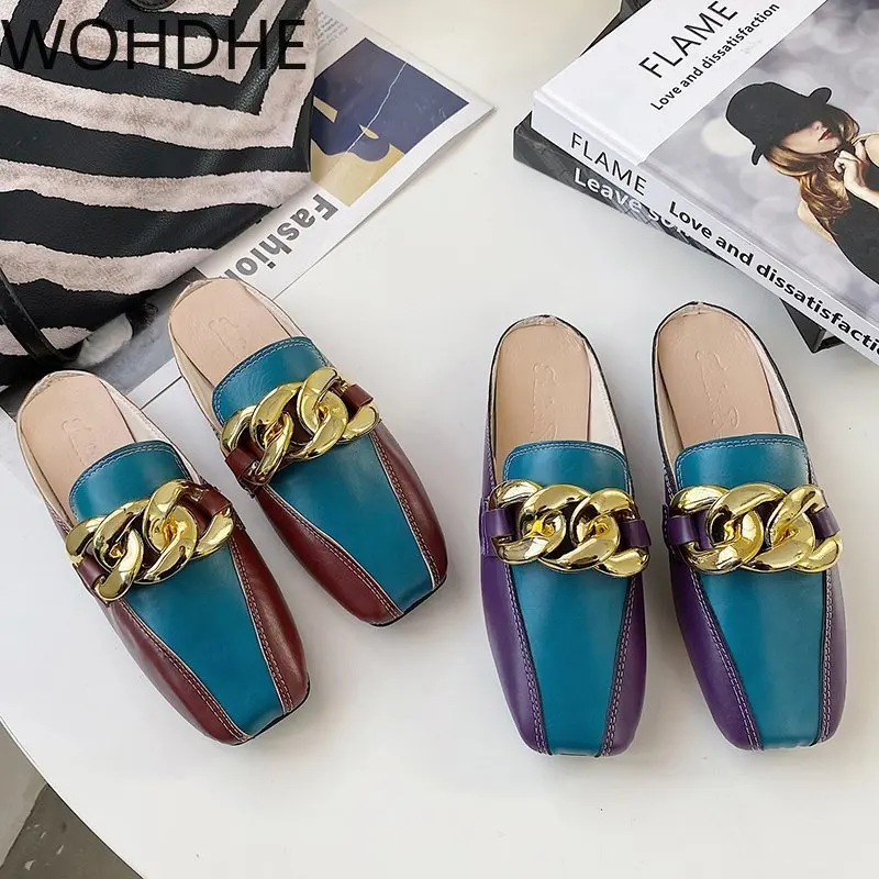 

2021 Ladies Pu Leather Footwear Comfortable Half Drag Loafers Women Black Blue Flats Shoes Designer Young Half Slippers
