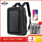 BOPAI стильный кожаный рюкзак для мужчин, модный мужской рюкзак, Одноцветный тонкий мужской школьный рюкзак, USB школьный рюкзак, черный