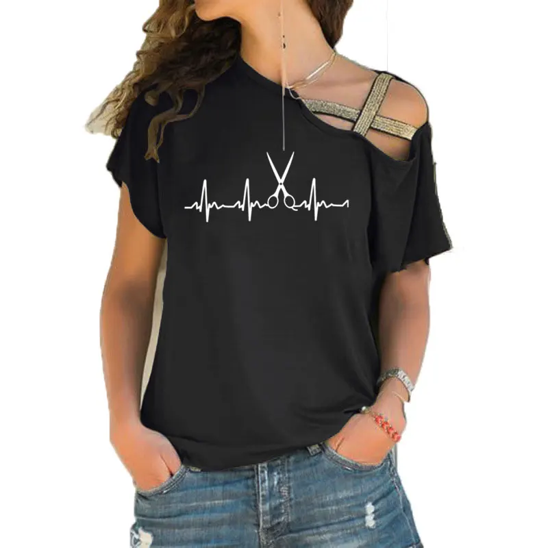 

New Fashion Summer Heartbeat Hairdresser T Shirt Women O-neck Short Sleeve Girls Irregular Skew Cross Bandage Tee Tops