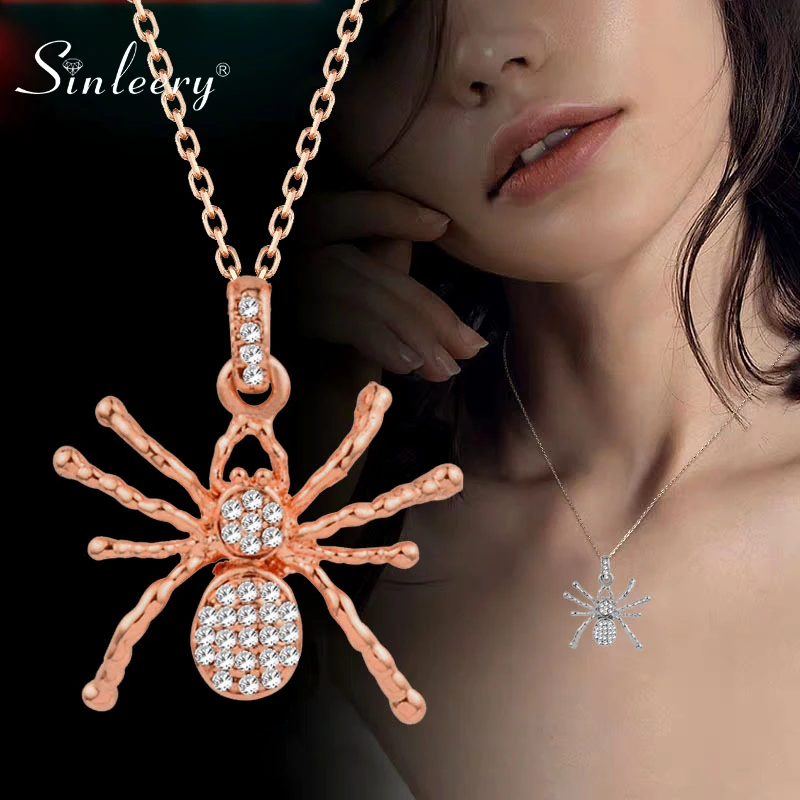 

SINLEERY Punk Cubic Zircon Spider Pendant Animal Necklace Rose Gold Silver Color Women Fashion Accessories Jewelry XL294 SSB
