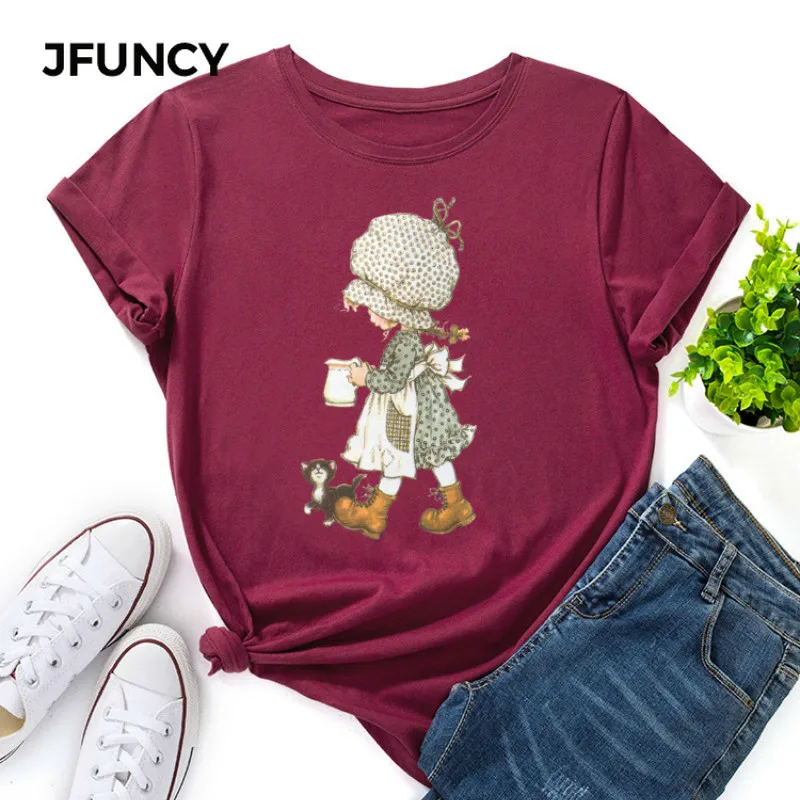 

JFUNCY Short Sleeve Women's Cotton Shirts Plus Size T-shirt New Cartoon Print Woman Tshirt Summer Women Tops Female Tee