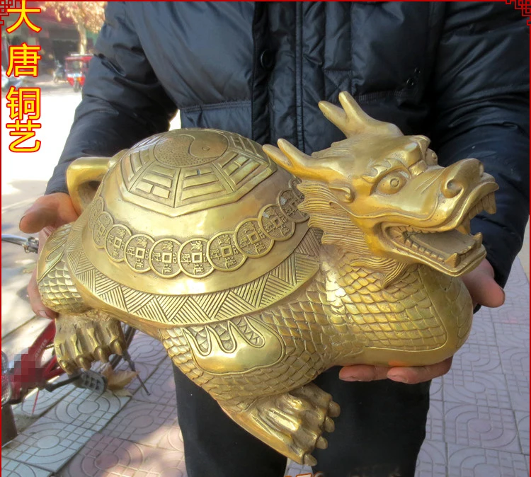 

43CM LARGE HUGE # HOME PORCH LOBBY EFFICACIOUS PROTECTION MASCOT THRIVING BUSINESS GOLD COPPER DRAGON TURTLE FENG SHUI ART