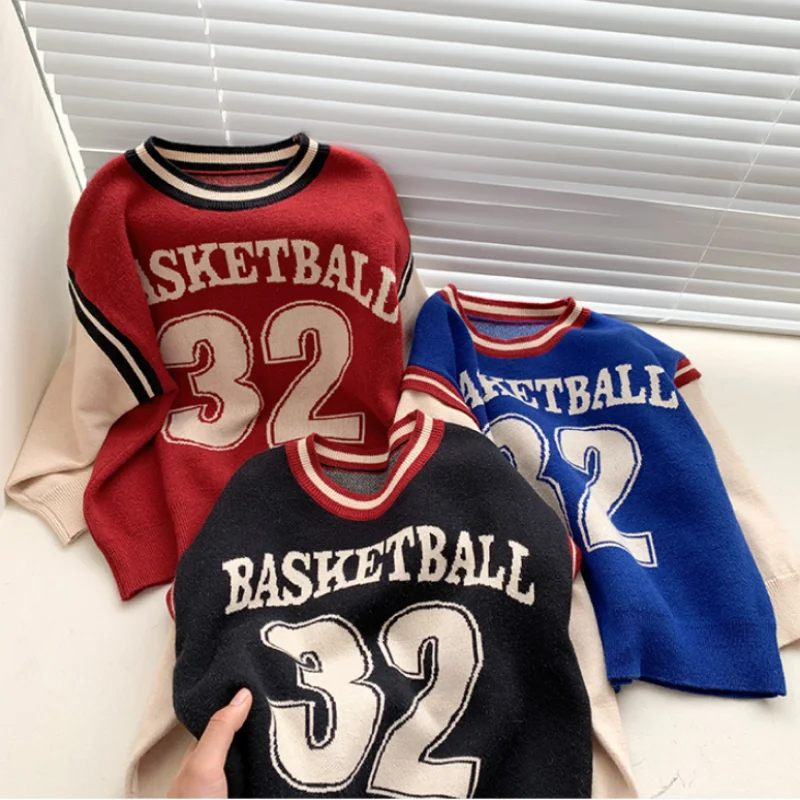 

Children's Basketball Sweaters Outdoor Cool Sportswear for Baby Boy Girl Kids Winter Sweaters False Two Pieces Knitted Wear