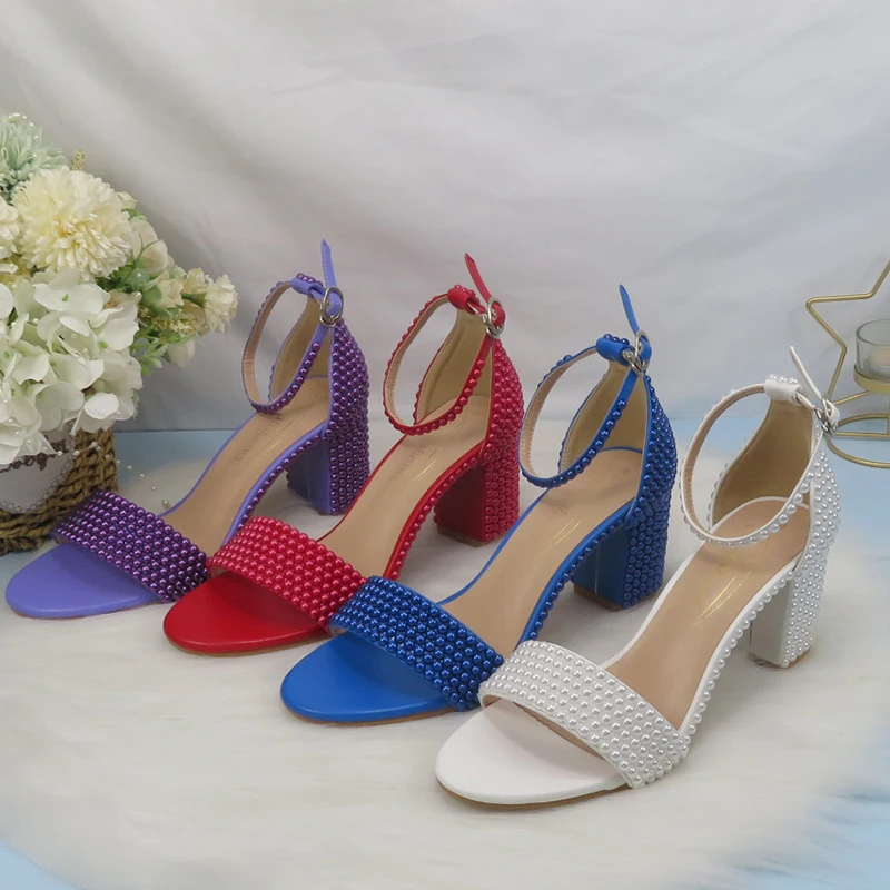 

Summer Bridal Crystal Wedding Shoes Fashion Sandals Woman High Heel Pearl Party Dress Shoes Woman High Thick Heel Ankle Strap
