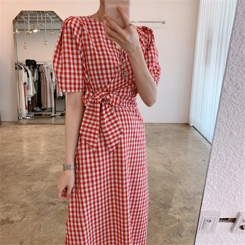 

Plaid pink summer woman dress V Neck High Waist Korean style holiday dresses women puff Sleeves A-Line vestidos 2021