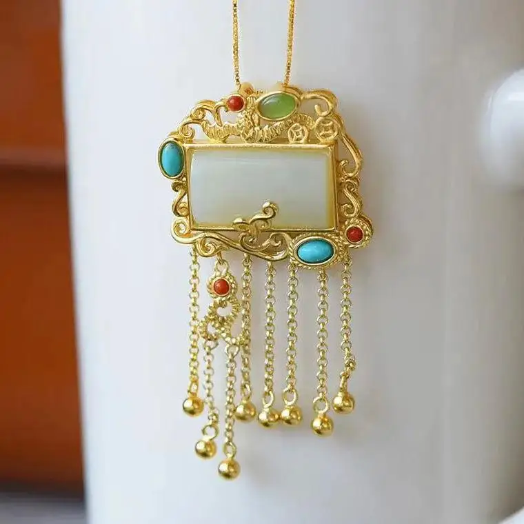 

Natural Hetian Jade Green Jade Pendant S925 Sterling Silver Turquoise Tassel Pendant South Red Embellished Clavicle Chain