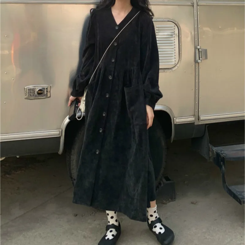 

Shirt Women Autumn Dress V Neck corduroy Vestidos big pocket Long sleeve Robe Femme Vintage Jurken Sukienki Plus Size