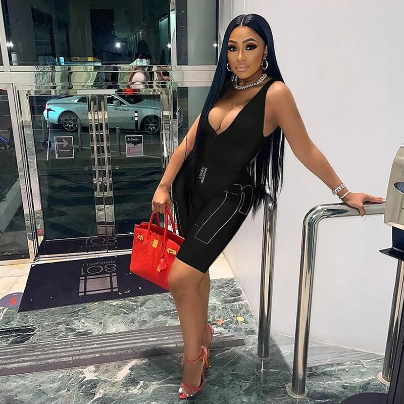 

FMZXG Letter Print Women Playsuit Hipster Hot Sleeveless Low V-Neck Zipper Cleavage Skinny Midnight Sexy Streetwear Overall