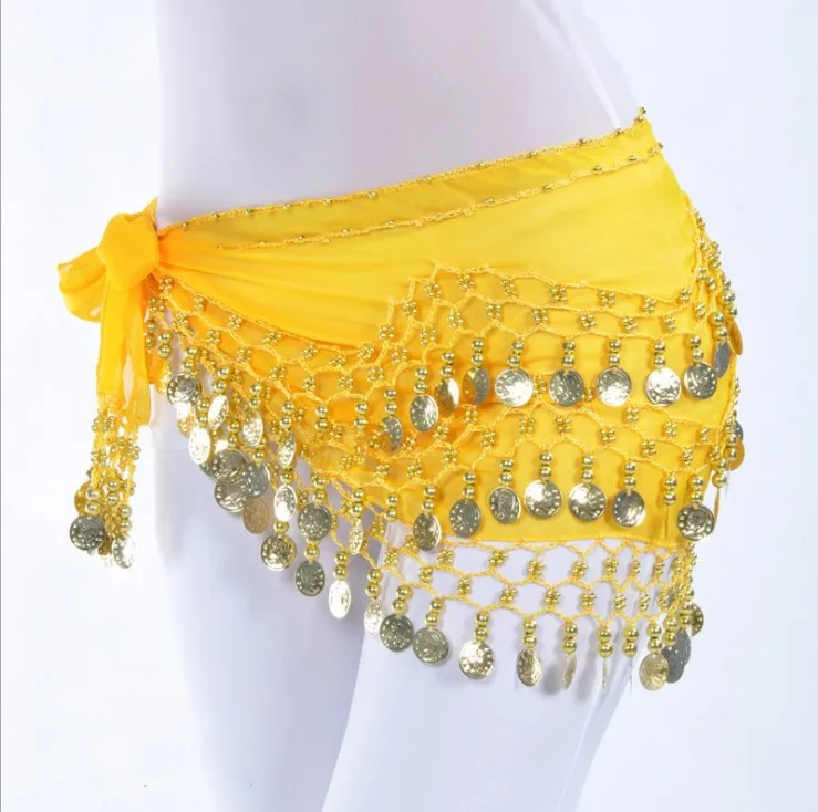 Женский костюм для танца живота шифоновый с золотыми монетами и цепочкой