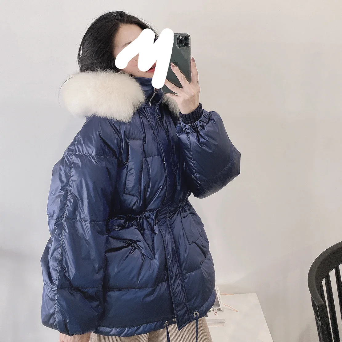 

Winter new women's luxurious snow fox fur large fur collar drawstring waist white duck down ladies down jacket hooded RY9775