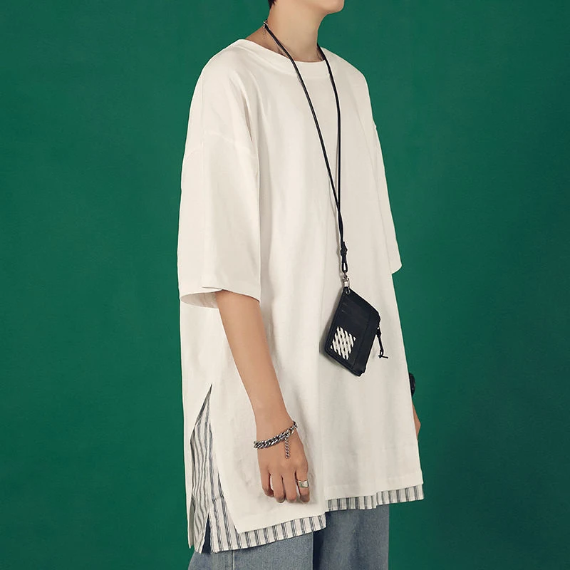 Футболка мужская оверсайз в полоску свободная рубашка с имитацией двух коротких