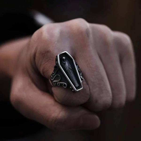 Панк-Рок Винтаж Funreal вампир гроб череп нержавеющая сталь кольцо для мужчин палец