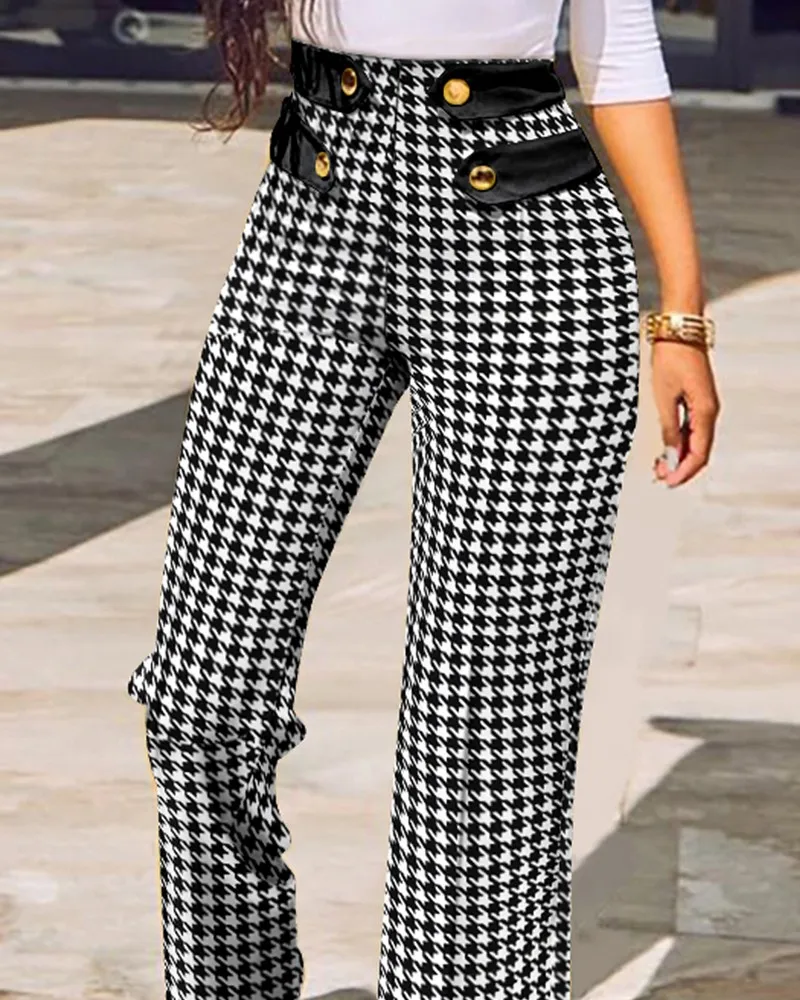 

Женские широкие брюки на пуговицах, повседневные однотонные прямые брюки с высокой талией, широкими штанинами и принтом «гусиные лапки», 2021