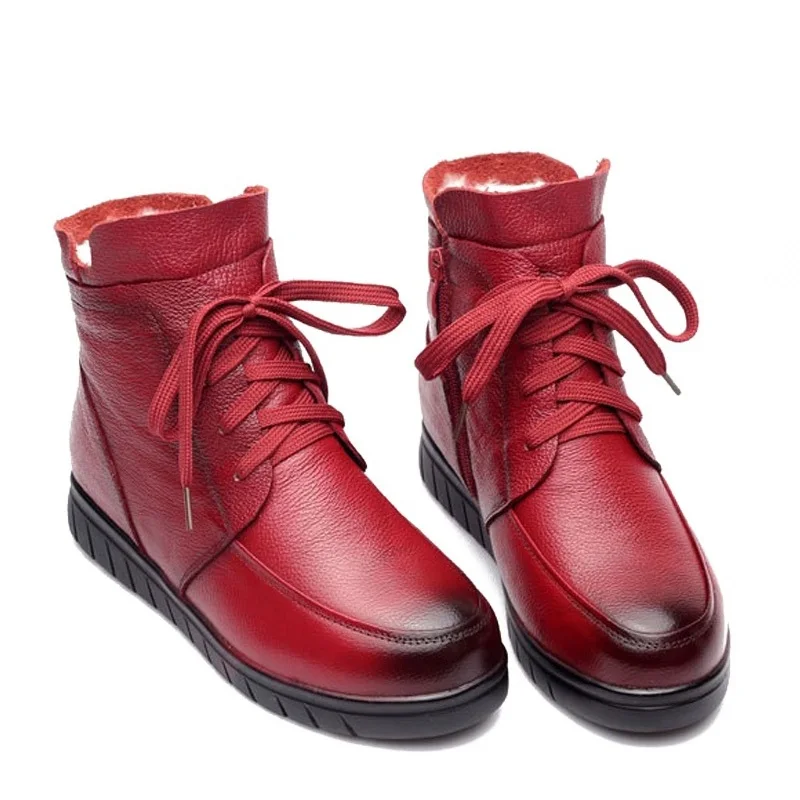 

2021 Women Snow Boots Vintage Genuine Leather Natural Wool Fur Winter Warm Ankle Boots For Women Flat women Shoes