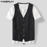 incerun fashion men vests striped sleeveless v neck casual blazers waistcoat single breasted streetwear fitness mens suit vests