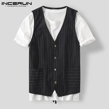 INCERUN Fashion Men Vests Striped Sleeveless V Neck Casual Blazers Waistcoat Single Breasted Streetwear Fitness Mens Suit Vests (2)