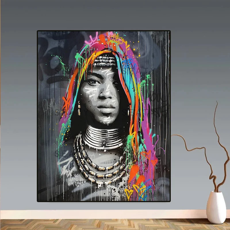 

Colorful Graffiti Art African Woman Canvas Painting Portrait Posters and Prints Cuadros Wall Art for Living Room Home Decoration