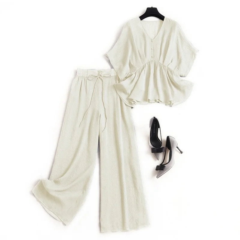 

Wide Leg Pants 2 Piece Sets Women Summer 2021 New Plus Size Chiffon Suit Fashion Short Sleeve Crop Tops and Pant Suits Y953