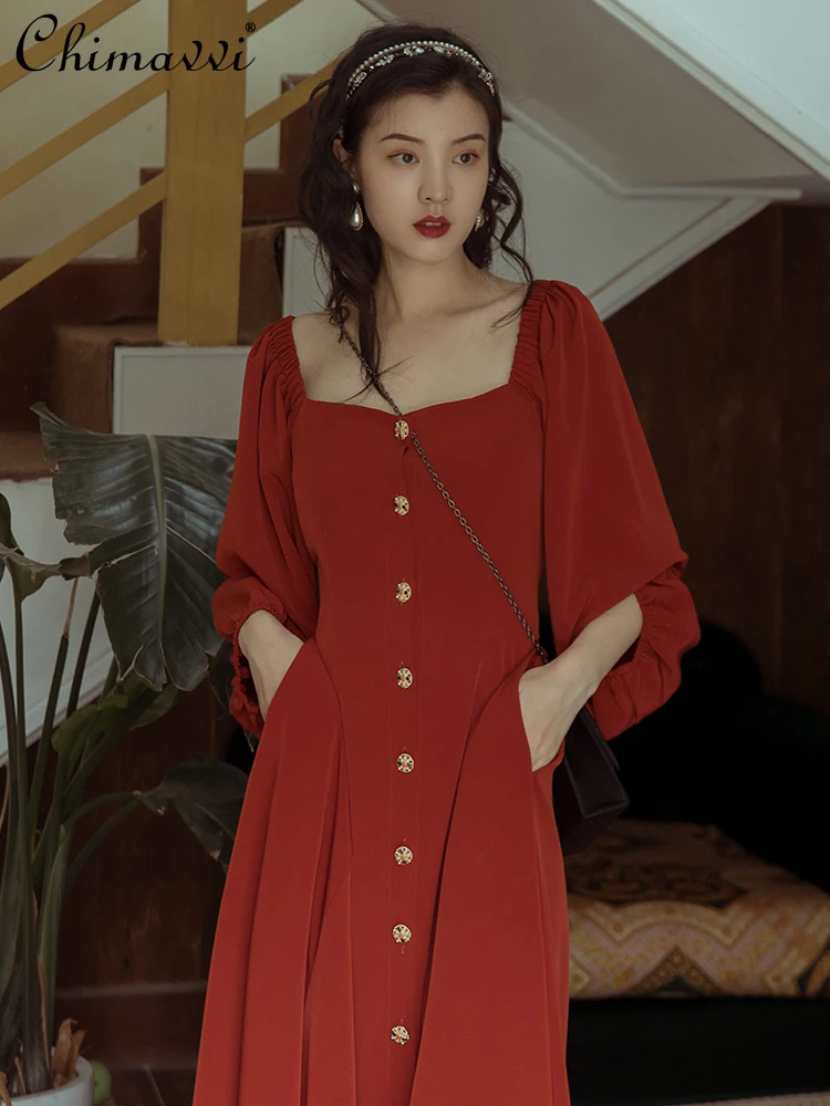 Spring Women's Clothes 2021 New Retro Single Breasted Button Square Collar Long Sleeve Slim A Line Long Dress