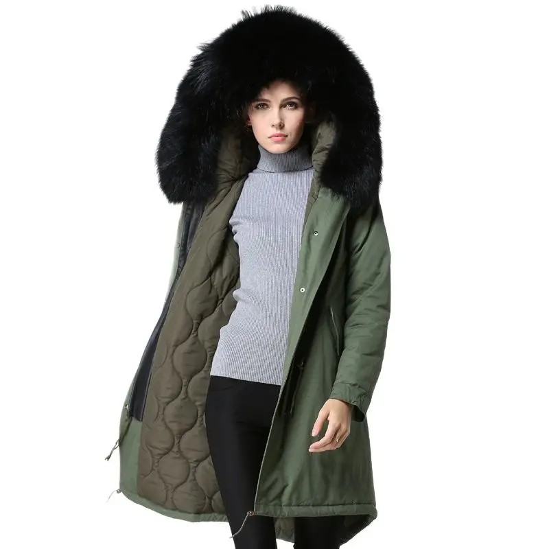 Новейшая длинная стильная зимняя меховая куртка армейского зеленого цвета