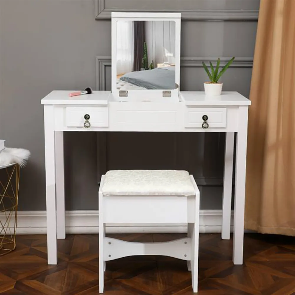 

[FCH]Dresser With Flip Single Mirror Double Drawers Straight Feet White