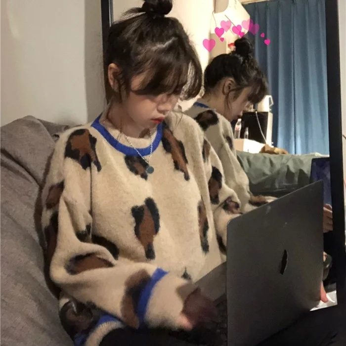 

Женский свитер, куртка, утепленный Зимний пуловер свободного покроя в стиле бойфренд с контрастным леопардовым принтом, вязаный Топ, новинк...